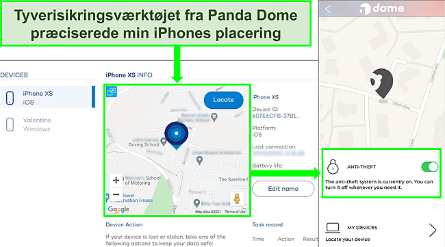 Skærmbillede af Pandas anti-tyveriværktøj, der er aktivt på iOS-appen med den præcise placeringsvisning på Pandas enhedsplaceringswebsted.