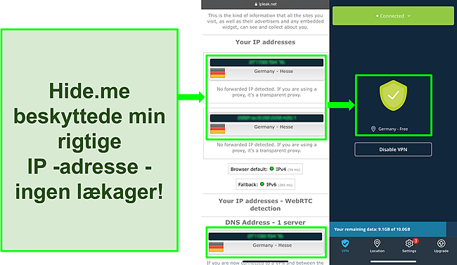 Skærmbillede af IP -lækagetest, der viser tyske placeringer med hide.me forbundet til en tysk server.
