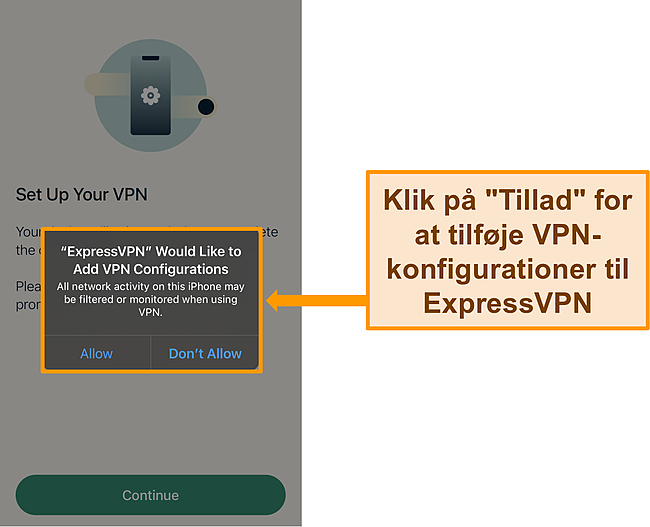 Skærmbillede af ExpressVPNs iOS -app, der anmoder om tilladelse til at tillade VPN -konfigurationer.