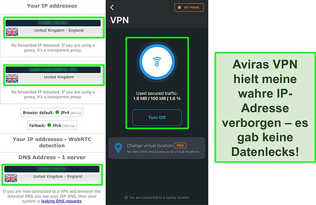 Screenshot von Aviras VPN verbunden mit den Ergebnissen eines IP-Leak-Tests, der keine Datenlecks zeigt.