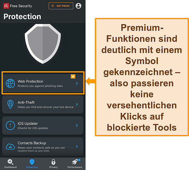 Screenshot der iOS-App von Avira mit hervorgehobenem Premium-Funktionssymbol.