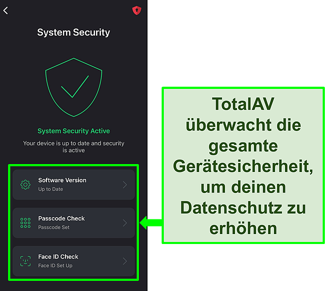 Screenshot der iOS-App von TotalAV mit geöffneter Systemsicherheitsfunktion und hervorgehobenen Sicherheitstools.