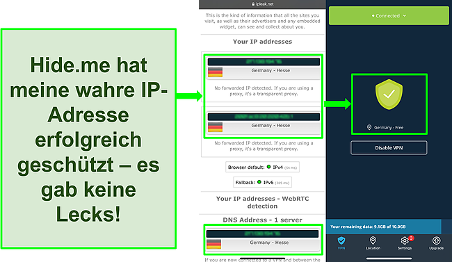 Screenshot eines IP-Leak-Tests, der deutsche Standorte zeigt, an denen hide.me mit einem deutschen Server verbunden ist.