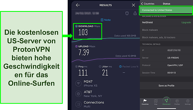 Screenshot des Ookla-Geschwindigkeitstestergebnisses bei Verbindung mit einem der kostenlosen US-Server von Proton VPN.