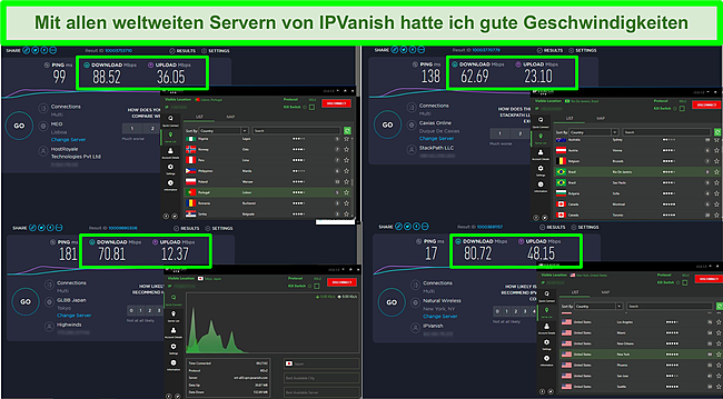 Screenshot von IPVanish-Geschwindigkeitstests auf dem Desktop.