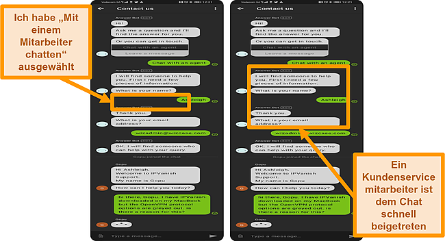 Screenshot des IPVanish-Live-Chats auf dem Handy.