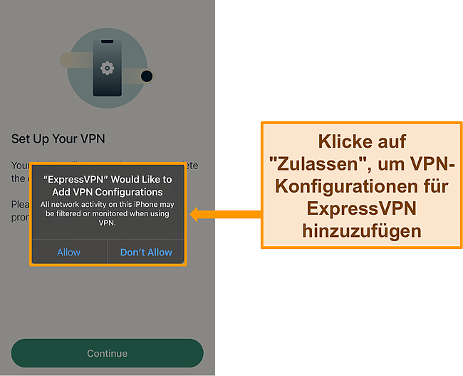 Screenshot der iOS-App von ExpressVPN, die die Berechtigung zum Zulassen von VPN-Konfigurationen anfordert.