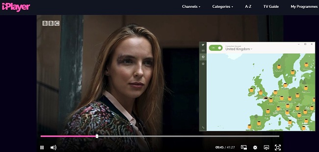 Screenshot di TunnelBear connesso a un server del Regno Unito con BBC iPlayer in streaming Killing Eve in background.