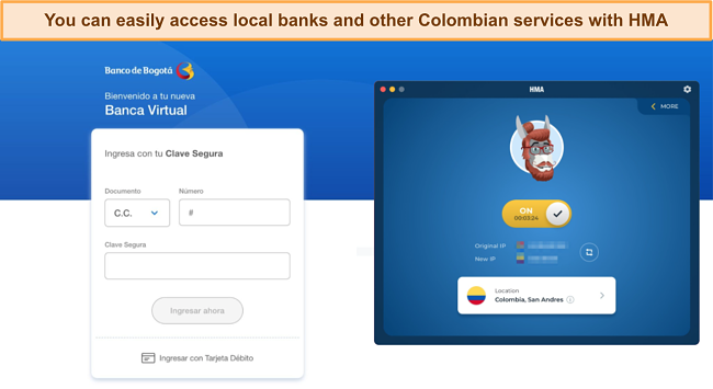 Screenshot of HMA VPN connected to a Colombian server and unblocking Banco de Bogota banking portal