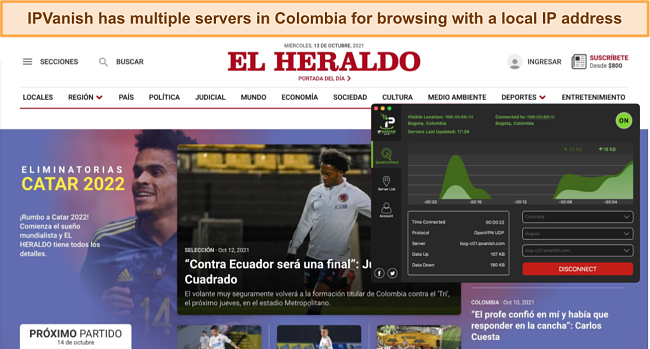 Screenshot of IPVanish connected to a Colombian server and unblocking El Heraldo news site