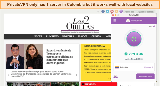 Screenshot of PrivateVPN unblocking Las 2 Orillas news site