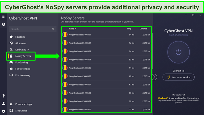 Screenshot of CyberGhost's Windows app showing NoSpy server list.