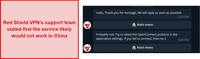 A screenshot of a support chat with Red Shield VPN