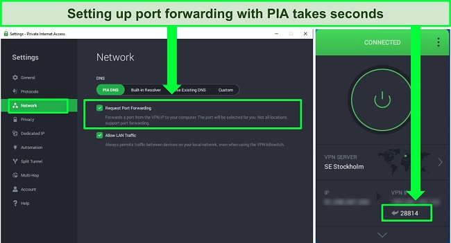 Screenshot of PIA VPN's port forwarding settings on Windows.