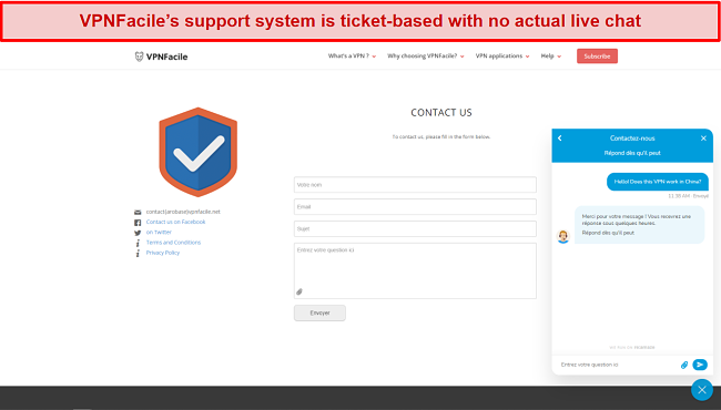 screenshot of VPNFacile's support page