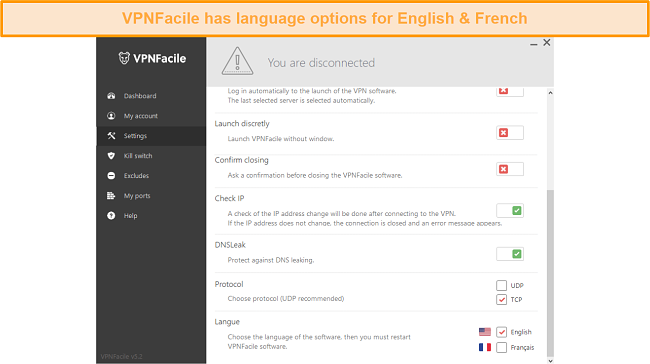 a screenshot of VPNFacile's settings page