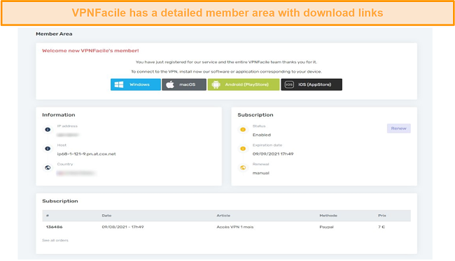 A screenshot of VPNFacile's member area