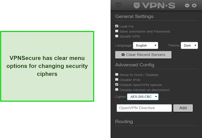 A screenshot of VPNSecure's in-app configuration menu