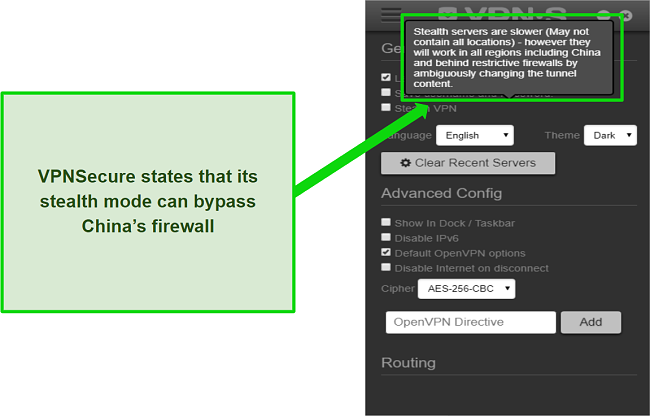 A screenshot showing that VPNSecure's stealth mode claims to bypass China's firewall