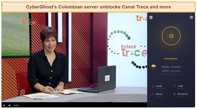 Screenshot of CyberGhost unblocking Canal Trece