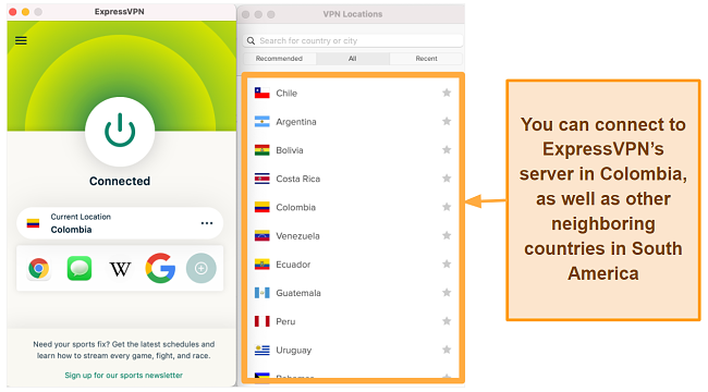 Screenshot of ExpressVPN app showing South America server list
