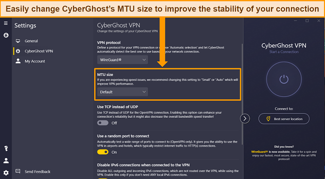 Screenshot of CyberGhost's Windows app with MTU size in Settings highlighted.
