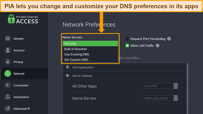 Screenshot of PIA's Windows app with Network Preference menu open and DNS server options highlighted.