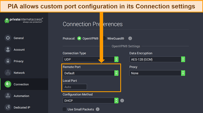 Screenshot of PIA Windows app showing Connection preferences and highlighting port customization options.