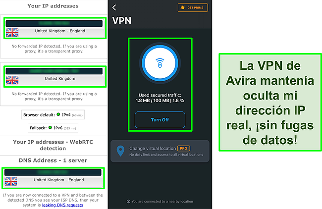 Captura de pantalla de la VPN de Avira conectada con los resultados de una prueba de fugas de IP que no muestra fugas de datos.