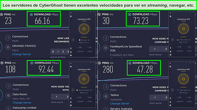 Captura de pantalla de las pruebas de velocidad de Ookla de Francia, Alemania, EE. UU. Y Australia que muestran las velocidades de descarga de los servidores CyberGhost.