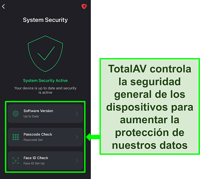 Captura de pantalla de la aplicación iOS de TotalAV con la función de seguridad del sistema abierta y las herramientas de seguridad resaltadas.