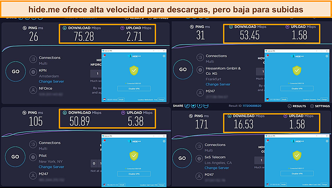 Captura de pantalla de los resultados de la prueba de velocidad de hide.me en los Países Bajos, Alemania y los EE. UU.