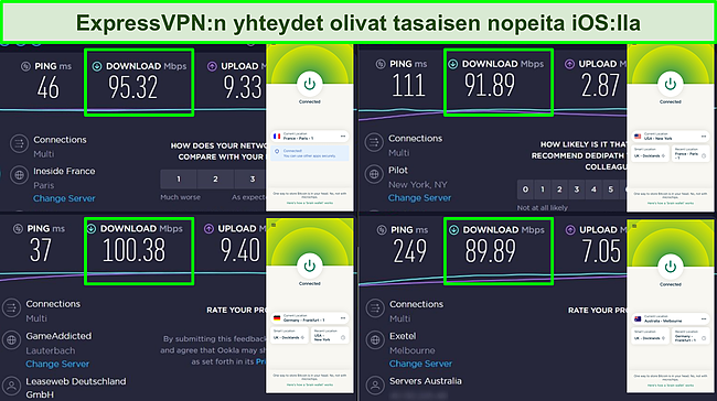 Kuvakaappaus Ooklan nopeustestistä ExpressVPN: n iOS -sovelluksella, joka on yhdistetty useisiin palvelimiin maailmanlaajuisesti.