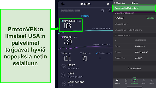 Kuvakaappaus Ooklan nopeustestin tuloksesta, kun se on yhdistetty johonkin Proton VPN: n ilmaisiin yhdysvaltalaisiin palvelimiin.