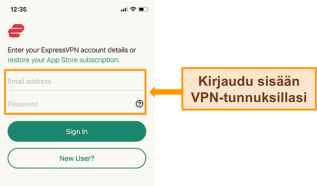 Kuvakaappaus ExpressVPN: n iPhone -sovelluksesta kirjautumisnäytössä.