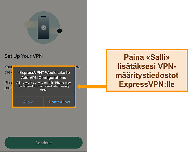 Kuvakaappaus ExpressVPN: n iOS -sovelluksesta, joka pyytää lupaa sallia VPN -määritykset.