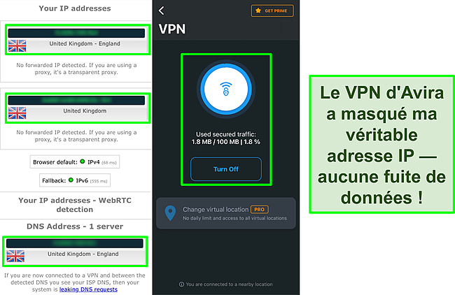Capture d'écran du VPN d'Avira connecté avec les résultats d'un test de fuite IP ne montrant aucune fuite de données.