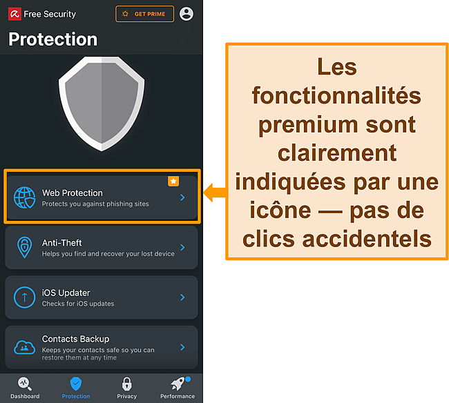 Capture d'écran de l'application iOS d'Avira avec l'icône de fonctionnalité premium en surbrillance.