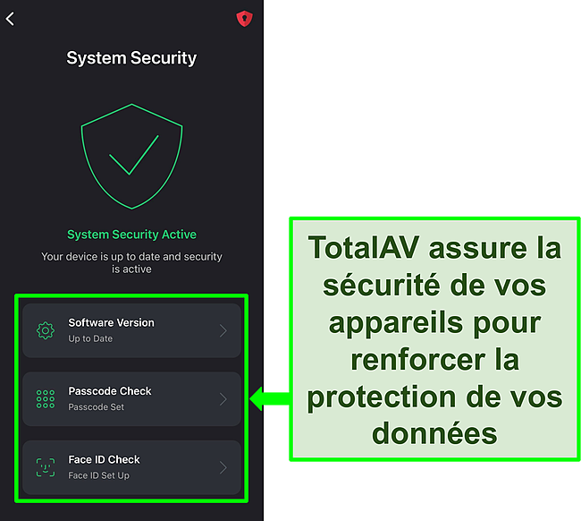 Capture d'écran de l'application iOS de TotalAV avec la fonction de sécurité du système ouverte et les outils de sécurité mis en évidence.