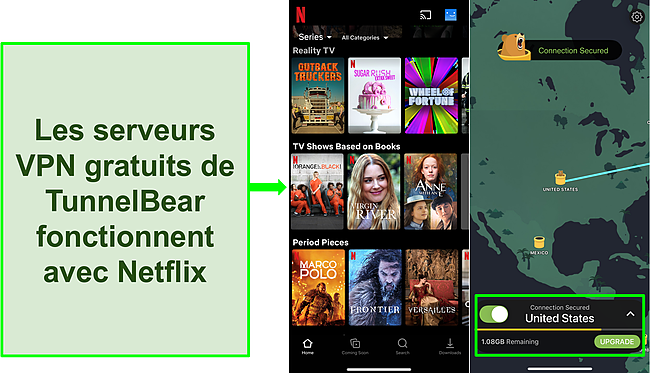 Capture d'écran de TunnelBear connecté à un serveur américain avec Netflix affichant du contenu uniquement américain.