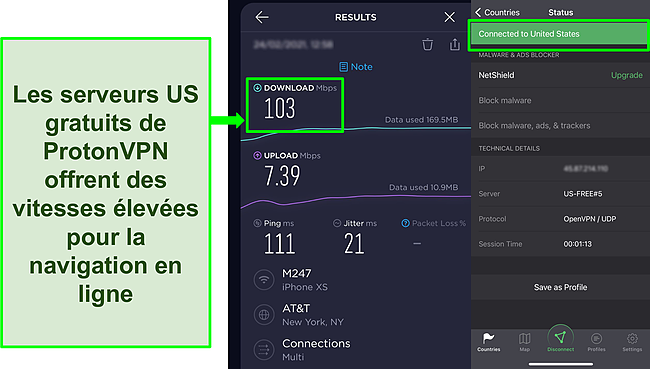 Capture d'écran du résultat du test de vitesse Ookla lorsqu'il est connecté à l'un des serveurs américains gratuits Proton VPN.