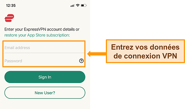 Capture d'écran de l'application iPhone d'ExpressVPN sur l'écran de connexion.