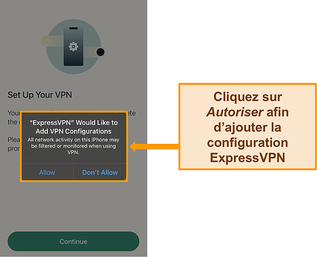 Capture d'écran de l'application iOS d'ExpressVPN demandant l'autorisation d'autoriser les configurations VPN.