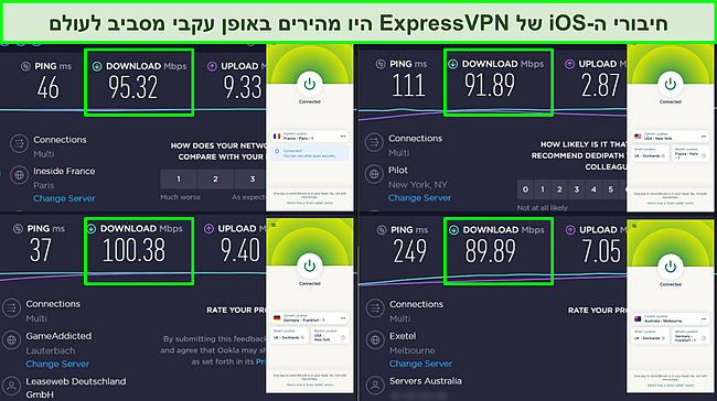 צילום מסך של בדיקת מהירות Ookla עם אפליקציית iOS של ExpressVPN המחוברת למספר שרתים ברחבי העולם.