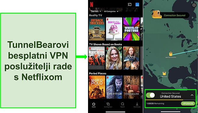 Snimka zaslona TunnelBear-a spojenog na američki poslužitelj s Netflixom prikazuje sadržaj samo u SAD-u.