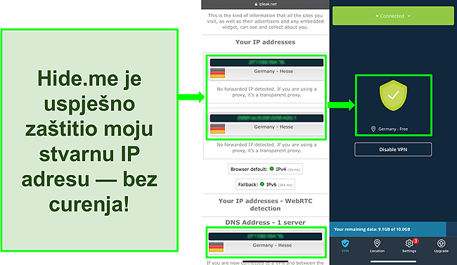 Snimak zaslona testa curenja IP -a koji prikazuje njemačke lokacije sa hide.me povezanim na njemački poslužitelj.