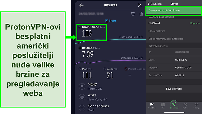 Snimka zaslona rezultata testa brzine Ookla pri povezivanju na jedan od besplatnih američkih poslužitelja Proton VPN.