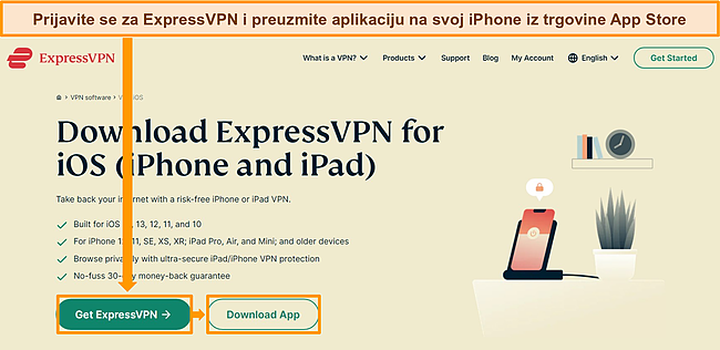Snimka zaslona web stranice ExpressVPN s mogućnostima pretplate i preuzimanja za iOS.