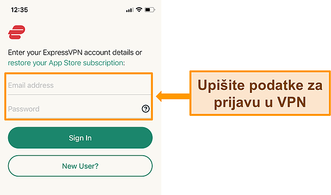 Snimka zaslona aplikacije iPhone za ExpressVPN na zaslonu za prijavu.