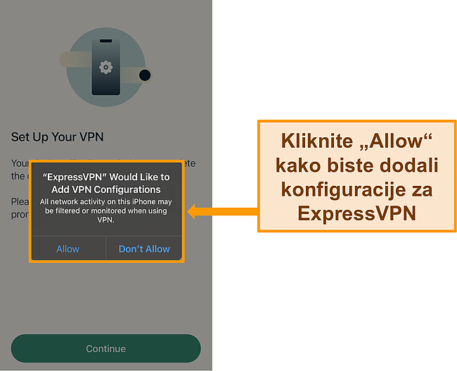 Snimka zaslona aplikacije ExpressVPN za iOS koja traži dopuštenje za dopuštanje VPN konfiguracija.